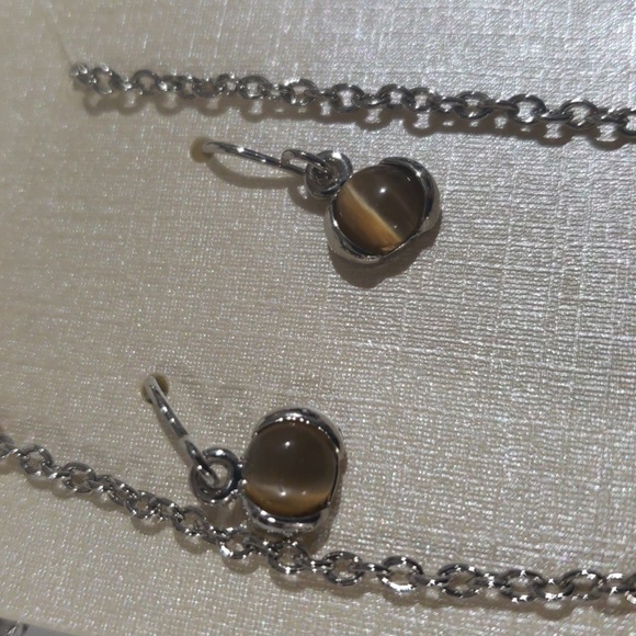 Silver tone Brown Stone Hoop Pendant Necklace & Earrings Set - Women's Jewelry - Picture 6 of 8